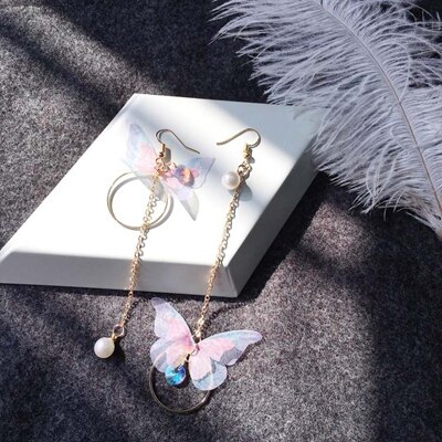 Koreaanse Vlinder Hoek Vleugels Lange Tassel Oorbellen Voor Vrouwen Sieraden Imitatie Parel Crystal Asymmetrische Verklaring Oorbellen: 7
