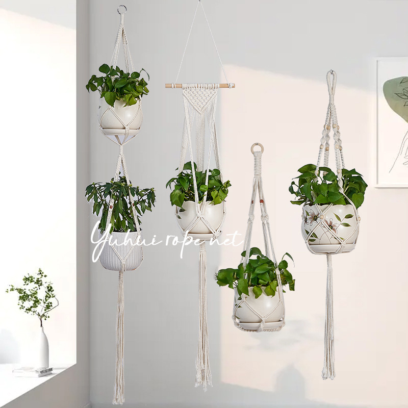 Cesta colgante de macramé hecha a mano para plantas, soporte para macetas de jardín, decoración colgante de pared de macramé para balcón, cuerda de elevación anudada, decoración del hogar