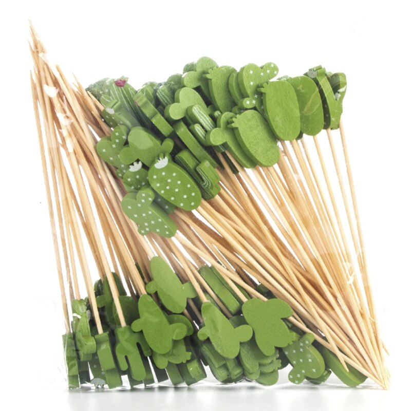 100PCS Bamboo Decorative Toothpicks 12cm Cocktail Picks Disposable Fruit Sticks Buffet Birthday Wedding Party Food Decoration: Cactus 2