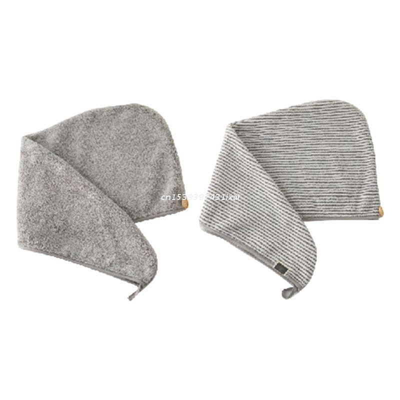 Toalla de microfibra de bambú para el cabello, turbante de ducha de secado rápido a rayas grises con botón, súper absorbente, Antifrizz,