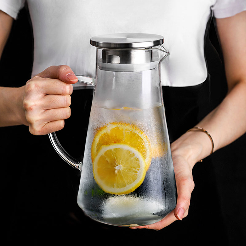 Hög borosilikatglas kanna genomskinlig kallvatten vattenkokare tekanna rostfritt stål lock fruktjuice te 1500ml +  glaskoppar