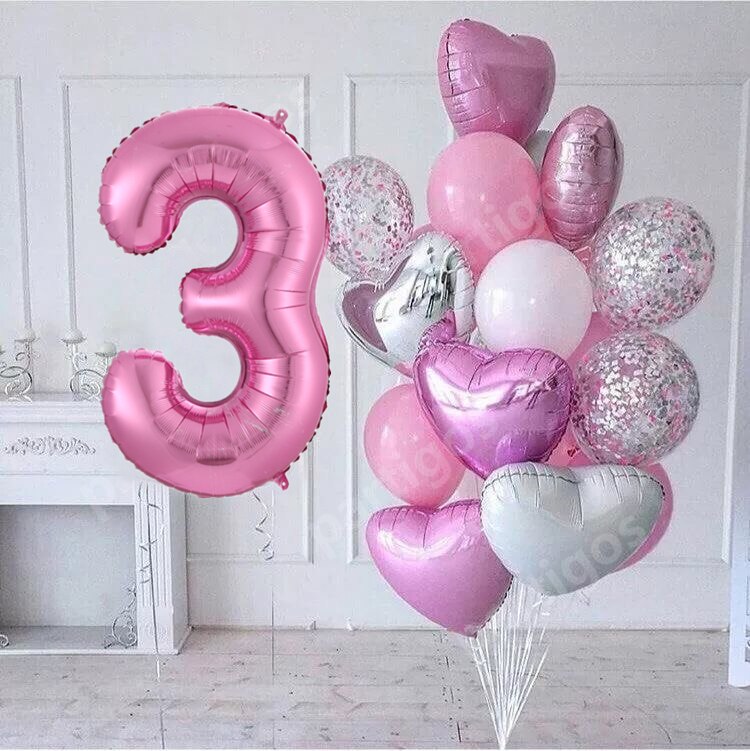 15pcs/lot girl Birthday Balloons with 30inch pink Number baloon 3/3rd Birthday Party Decor Kids anniversaire 9/1/3 years old: number3 set