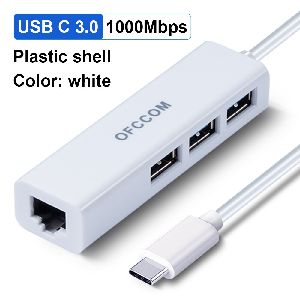 Ofccom Usb C Ethernet Usb 3.0 2.0 Naar RJ45 Hub 10/100/1000Mbps Ethernet Adapter Netwerkkaart usb Lan Voor Macbook Windows: TypeC3.0 1000 White