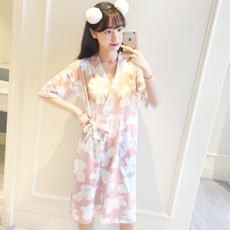 Summer Kimono Robe High-End Cotton Double Layer Gauze WOMEN'S Cardigan Pajamas Short Sleeved Robe Bathrobe: Pink