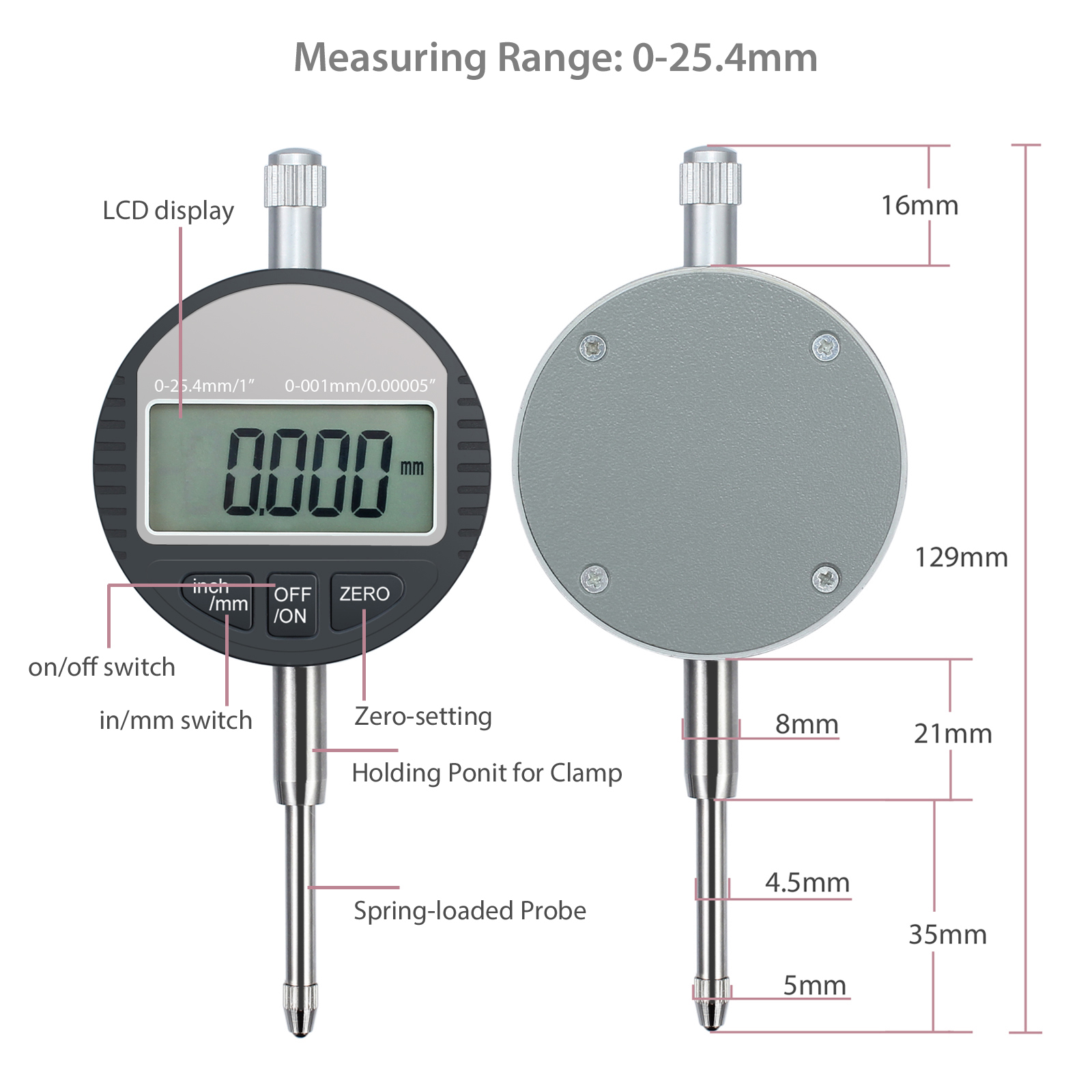 Proster-indicador Digital de esfera para DTI, 0.001/0,00005 '', rango de sonda Digital 0-25,4mm/1'', indicador de prueba de Dial, medidor electrónico