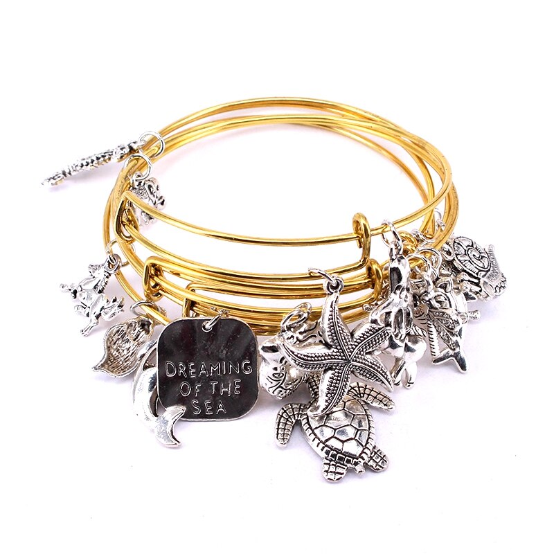 5pcs Bangle Set Wire Bracelets for Women Girls Jewllery Mixed Marine Life Starfish Dolphin Turtle Charm Bracelets C039: Antique Gold Plated