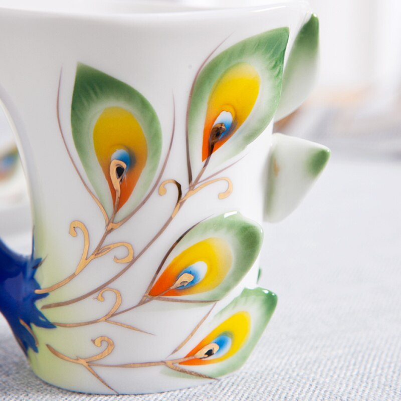 Ensemble de tasses à café paon en porcelaine émaillé 3D, artisanal à la main, avec soucoupe et cuillère, en céramique, tasse à thé et à eau