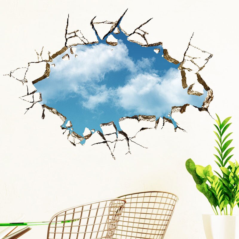 Brudt hul 3d blå himmel sky wallstickers stuer soveværelse dekoration decals landskab falske vinduer boligindretning klistermærker