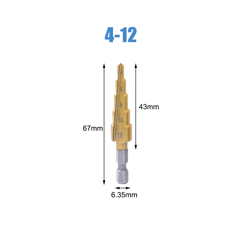 DIZAINLIFE HSS Cobalt Twist Step Drill Bit Set Cone Pagoda Shape Wood Metal Hole Cutter Drilling Titanium Coated Core Drill Bit: Straight Groove 4-12