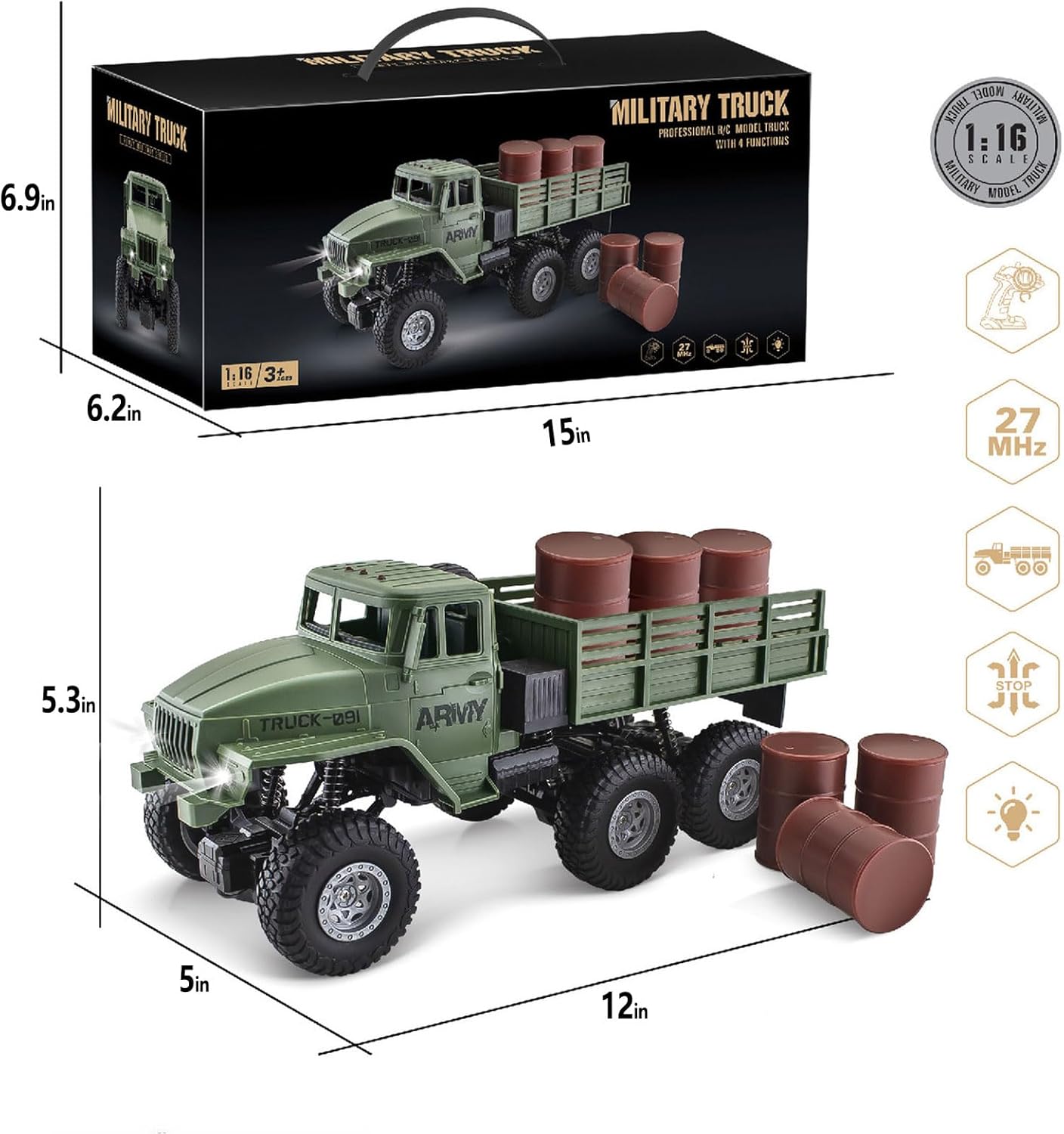 Camion militaire RC 6x6, voiture télécommandée sur route, échelle 1/16, camion télécommandé 4WD, véhicule de Transport de l'armée de roche tout Terrain, jouet Ve