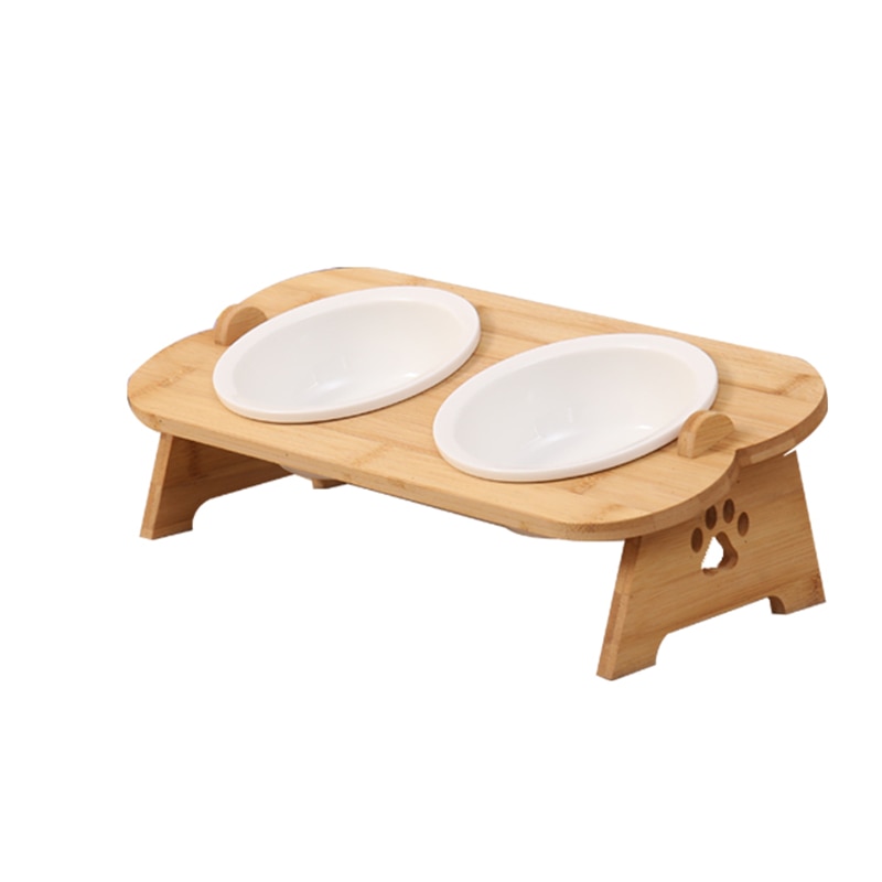 Cuencos de cerámica para perros y gatos, cuencos de acero inoxidable para comida de mascotas, vajilla de agua, cuenco con marco de bambú, suministros para mascotas