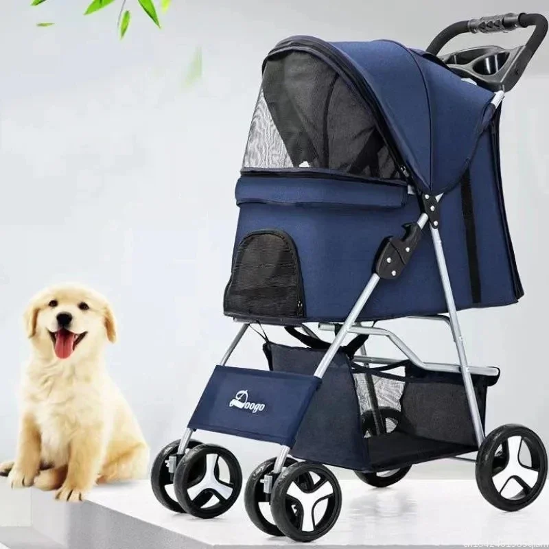 DTC-804 Portable Foldable Pet Cart Cat Dog Four Wheeled Cart Pet Outing Cart Single Handed with Sunroof