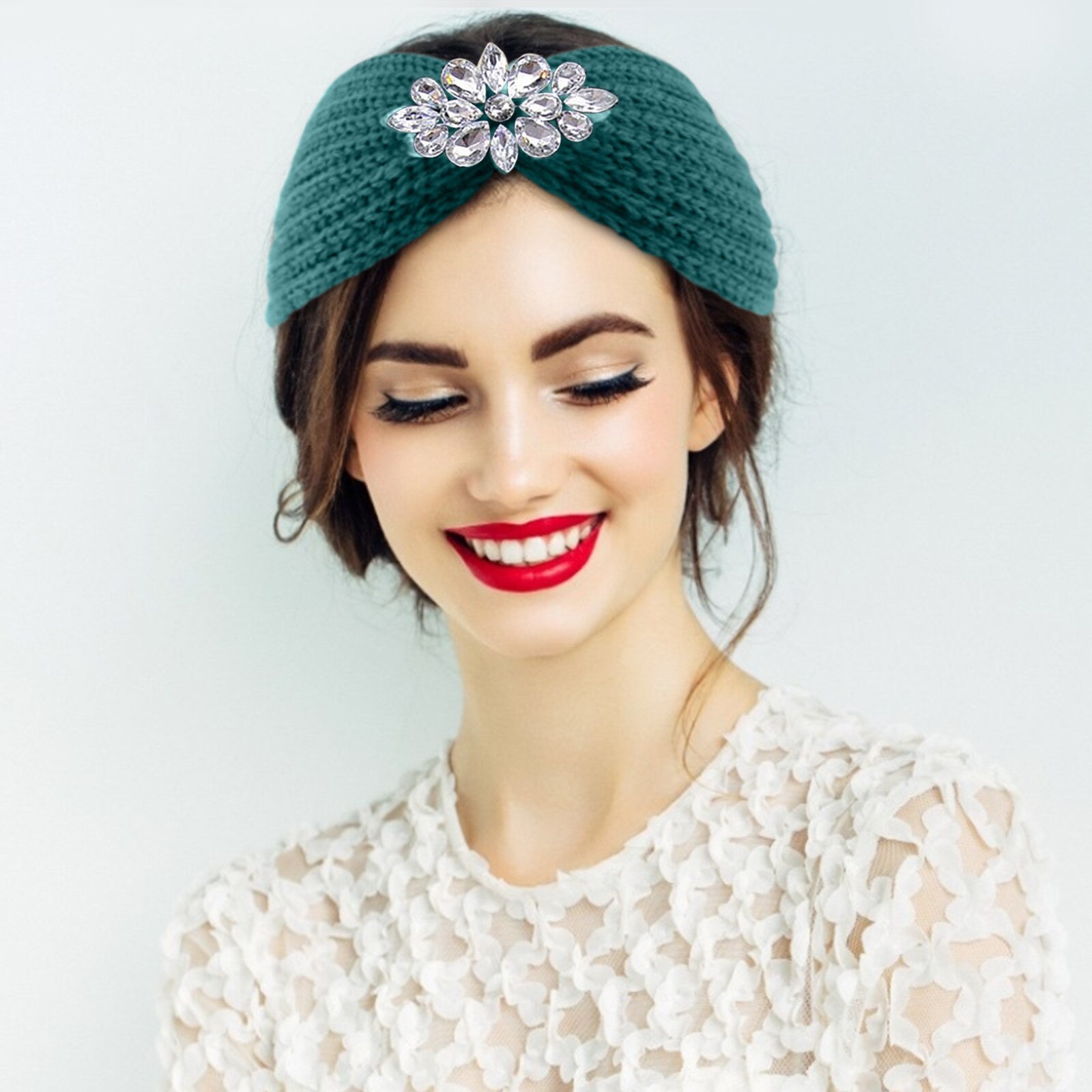 25 # turbante cinta ancha para el pelo para mujer, diadema tejida con diamantes de agua, envoltura para la cabeza de invierno, accesorios elásticos, tocados de Color sólido