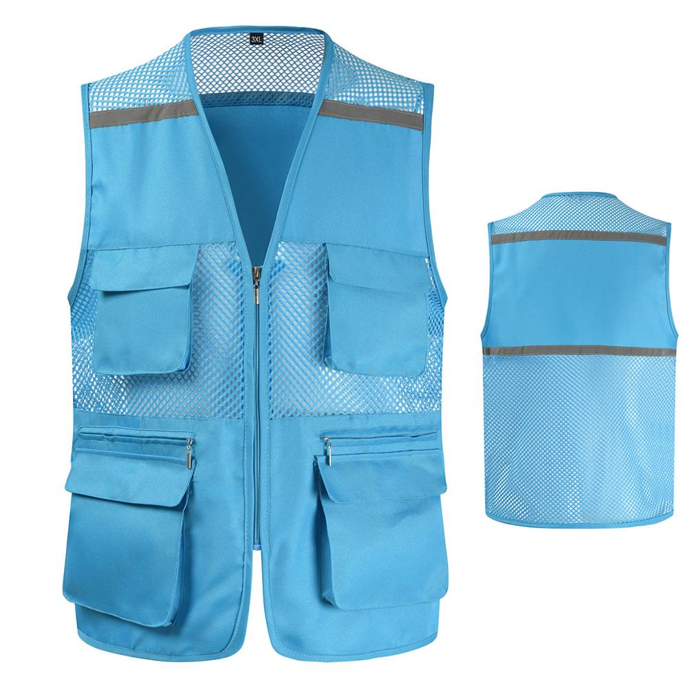 Blue Work Vest For Men With Pockets and Reflective Stripes Breathable Photography Vest: Sky Blue / XL-Full Chest112cm