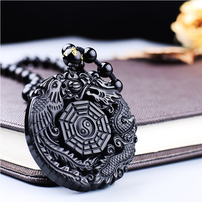 Black Obsidian Carving Dragon en Phoenix Ketting Hanger Obsidiaan Geluk Hangers