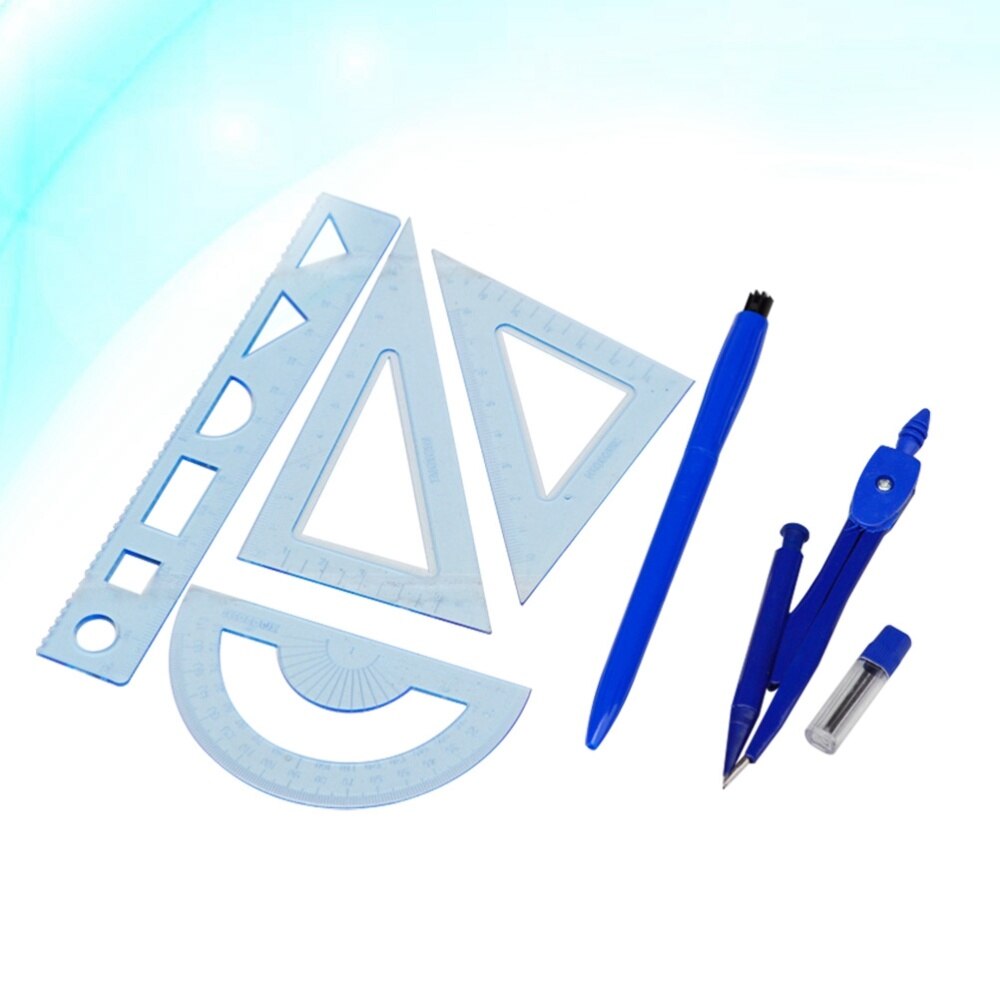 7pcs Compasses Set Geometry Drawing Tool with Protractor Divider Ruler Pencil Set Square(1 Compasses,1 Pen,1 Refill,4 Rulers)