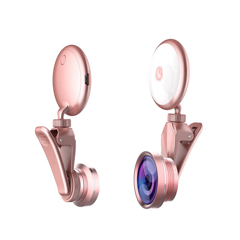 RK19S LED Selfie Flash Licht Vullen Licht Warm &amp; Koud Lampen Met Brede Hoeken Fisheye Marcro Lens 360 Rotatie Voor iPhone Huawei Vivo: Gold