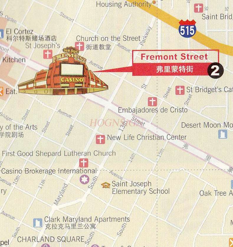 Las Vegas Travel Map Nevada Attractions Travel Guide Chinese and English callouts
