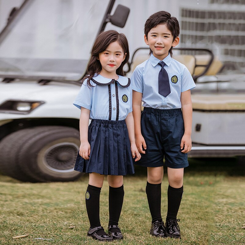 Uniforme escolar japonés coreano de algodón para niños y niñas, camisa azul, faldas plisadas, pantalones cortos, conjunto de ropa, traje para estudiantes
