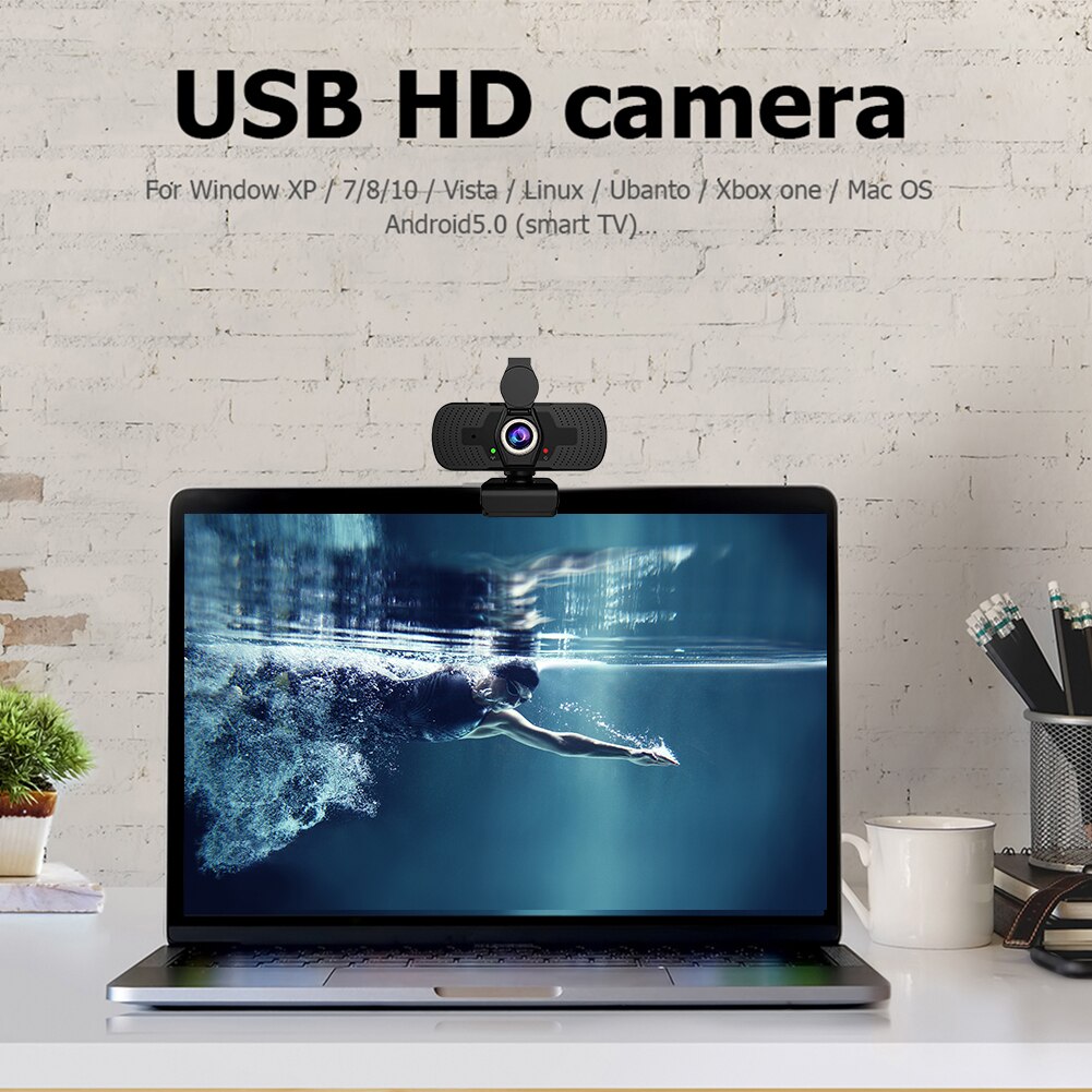 Full HD 1080P USB Web Camera with Built-in Mic + Cover 360 Rotation Webcam