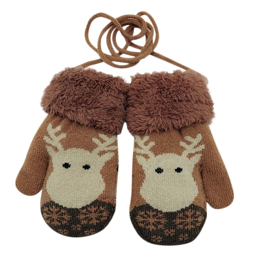 Arloneet Baby Handschoenen Katoen Cartoon Herten Print Winter Thicken Handschoenen Gebreide Meisjes Jongens Kids Hoofdbanden Opknoping Wanten Handschoenen