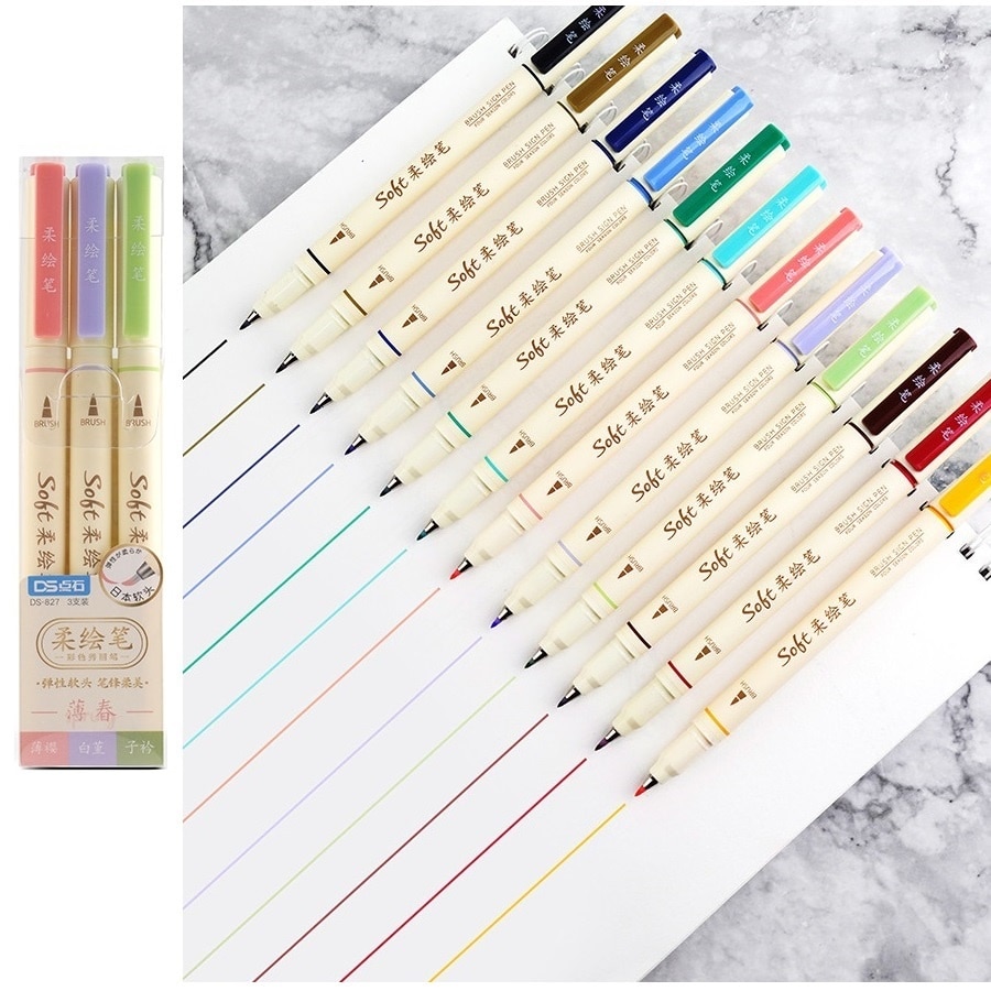 3pcs Four Season Colors Soft Brush Sign Pen Set Fine Tip Liner Drawing Calligraphy Hand Lettering Paint School Art F335