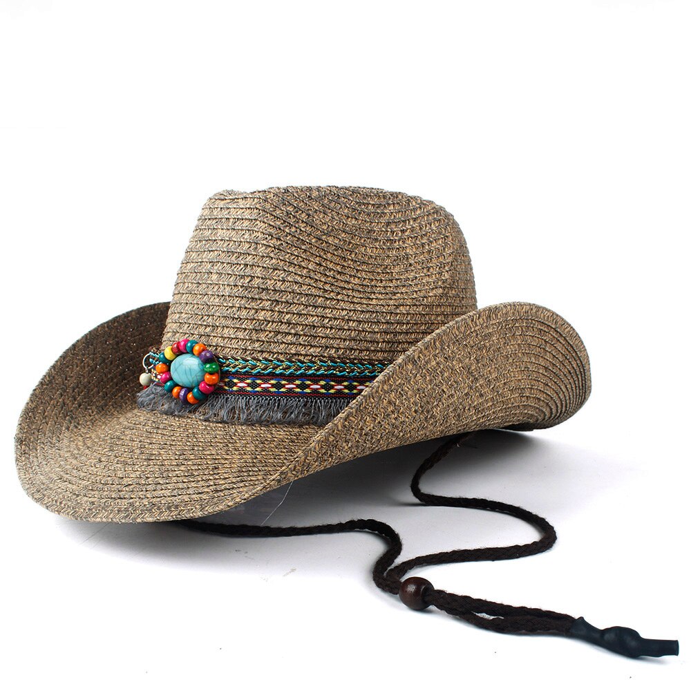 Dames heren holle strand sombrero man western cowboyhoed dame vader stro panama cowgirl jazz zonnepet maat 56-58cm: Koffie 2