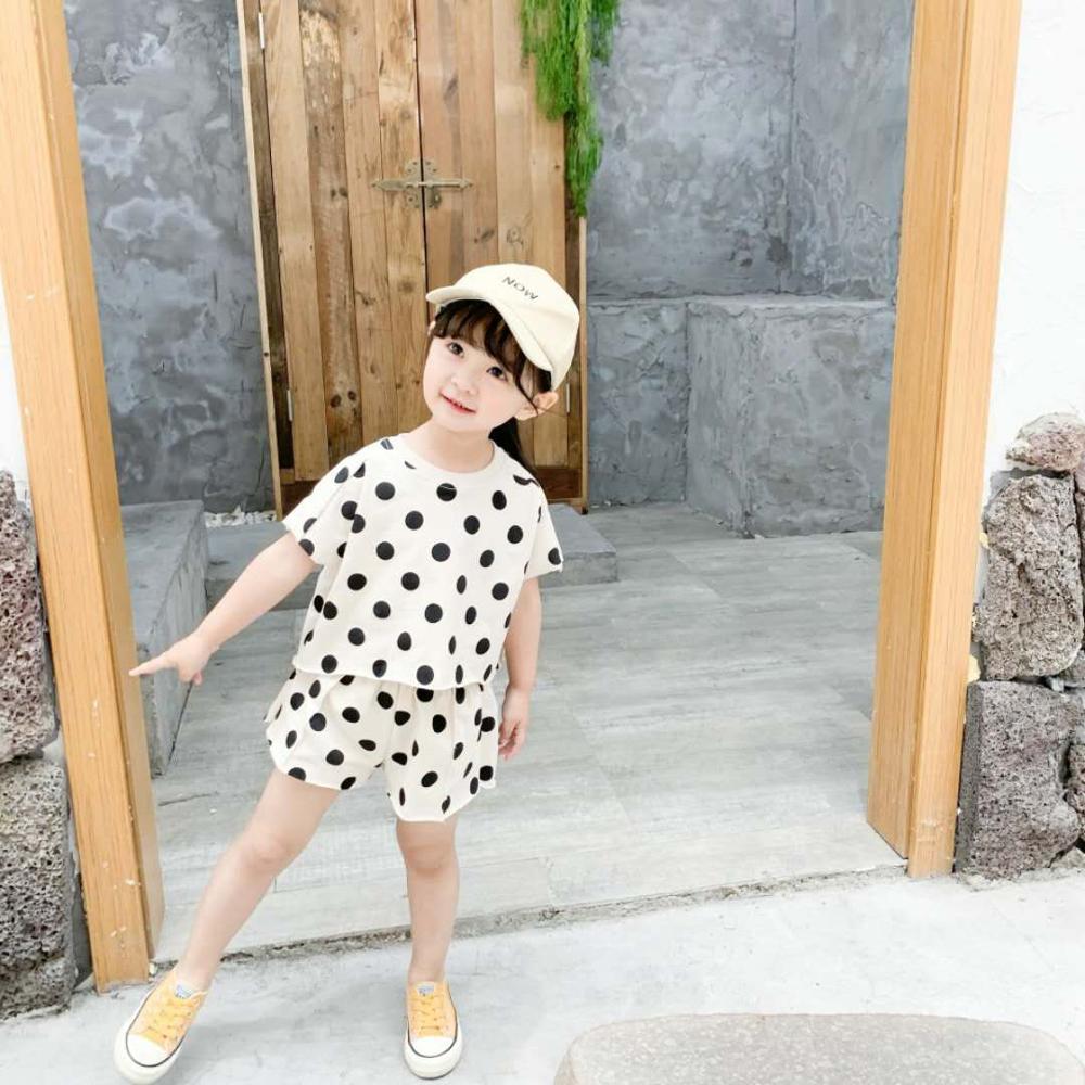 Primavera verão crianças roupas 2 pçs de malha algodão em torno do pescoço manga curta roupas da menina do bebê polka dot camiseta polka dot shorts