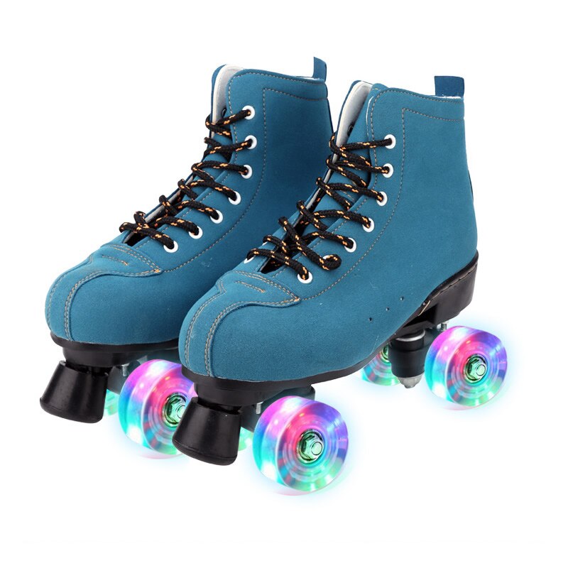 Leather Roller Skates For Adult Navy Blue Double Line Skates Women Men Two Line Skating Shoes Flash 4 Wheels PU Patines