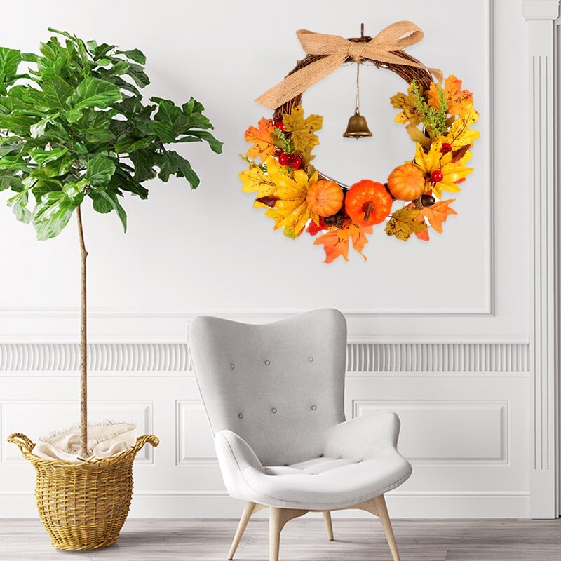 Herfst Leaf Pompoen Krans Met Bell Thanksgiving Halloween Voordeur Home Decor LB88