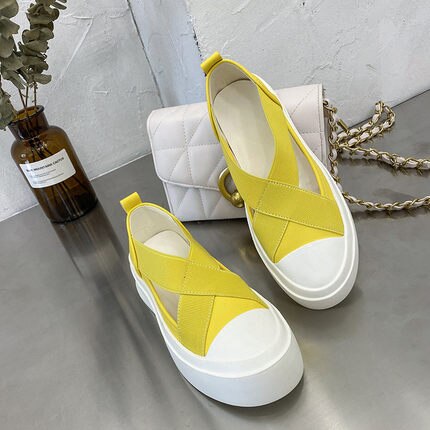 neue frühjahr und sommer frauen Fischer schuhe farbe passenden elastische Band hohl atmungs dicken boden schwamm kuchen faul o: Gelb / 8