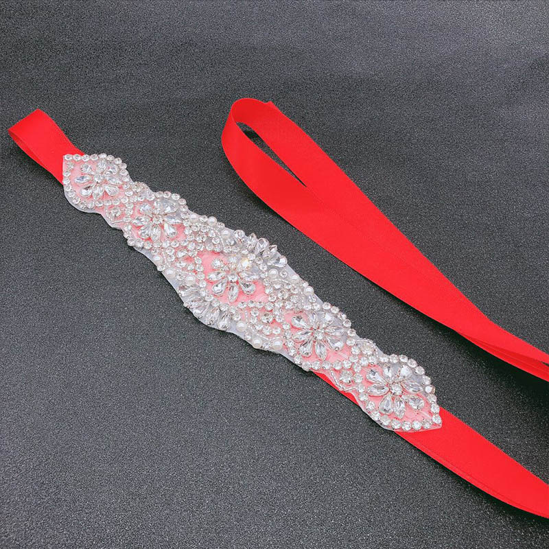 Brudbälte Applikation - Strass Bröllopsbälte - Festklänning Sash - B27: Röd