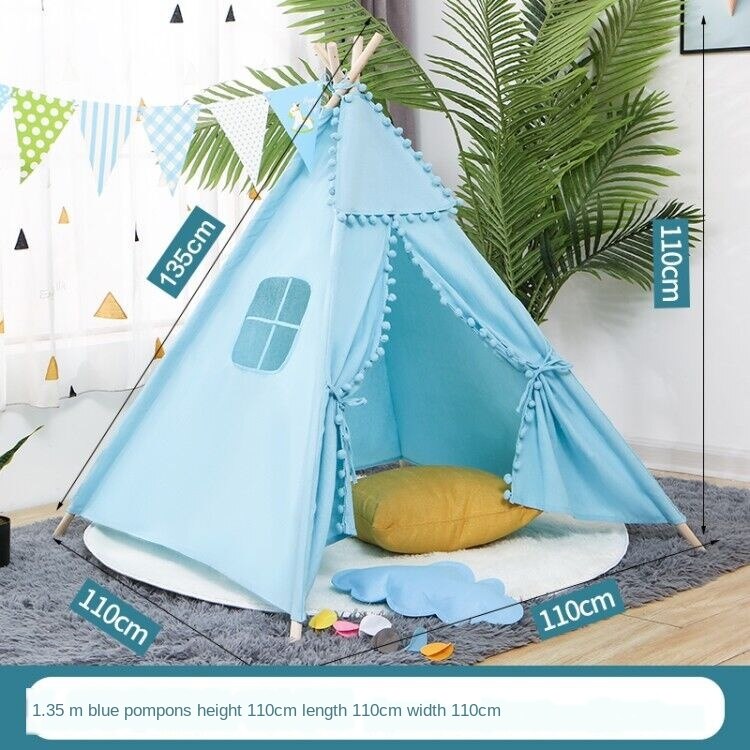 Tipi tent for kids Play-Tent Teepee House Wigwam Room Children's Tent Game-House Triangle Teepee Canvas Sleeping Dome 135cm: Blue pompom