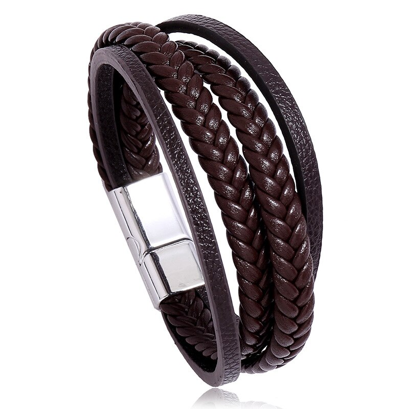 Bracelets multicouches en cuir tissé à la main pour hommes et femmes, bijoux tissés à la main, marron, noir, avec fermoir magnétique, décontracté,