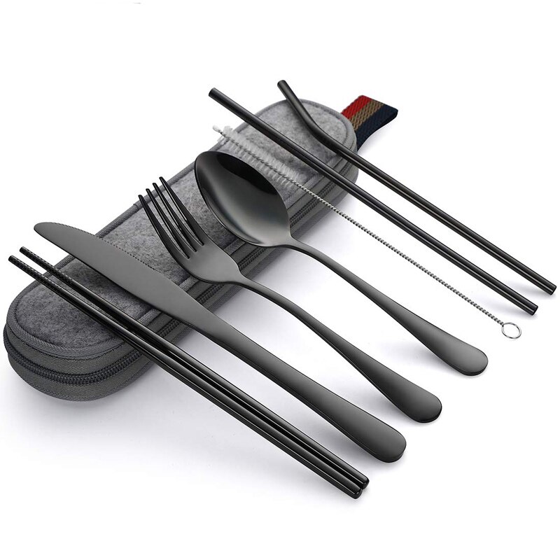 Serviesje Reizen Camping Bestek Set Herbruikbare Zilverwerk met Metalen Stro Lepel Vork Eetstokjes en Draagbare Case