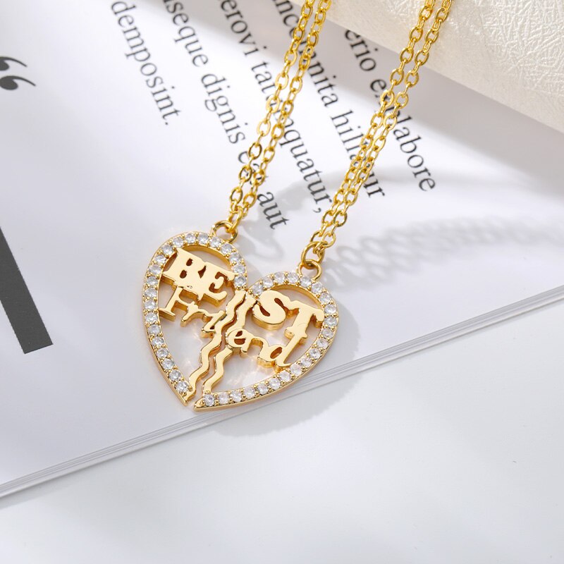 2 pieces zircon spliced love heart necklaces for women stainless steel gold letter best friend necklace boho jewelry friendship