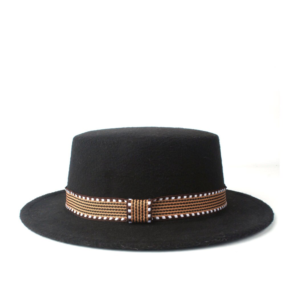Men Women Flat Fedora Top Hat With Belt Wool Trilby Hat Pork Pie Hat Jazz Hat Size 56-58CM