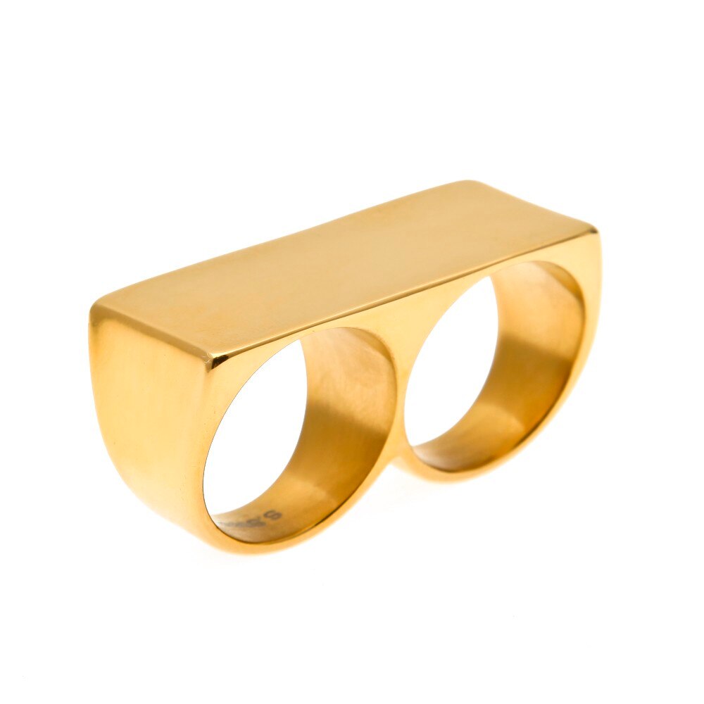 Permanent Color Protection Most Popular Steel Two Finger Rings Stainless Steel Men Punk Rings Man&amp;Women Party Cool Ring: Gold color