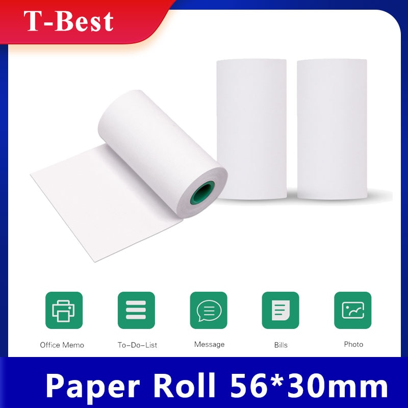 Etiquetas adhesivas de larga duración, rollo de papel térmico de 56x30mm, Fuente negra sin BPA para Peripage A6/A8/Paperang P6 P1/P2