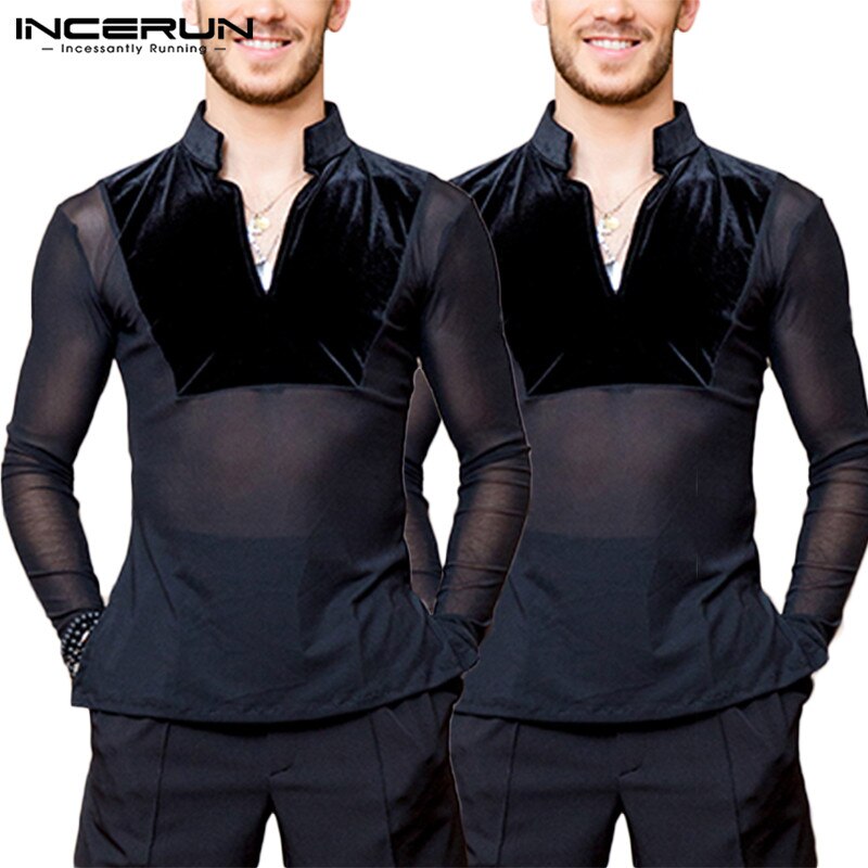 Men Long Sleeve V Neck Solid Camisa INCERUN Patchwork Shirts Men Transparent Party Nightclub Blusa Dance Shirt Plus Size