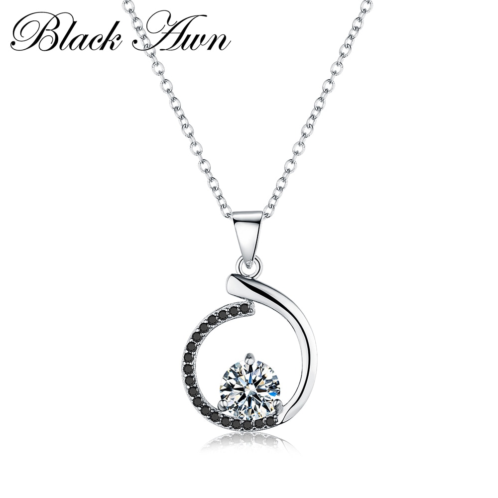 Silver Necklace Genuine 925 Sterling Silver Necklaces&Pendants Jewelry Trendy Black&White Stone Necklace Women P085