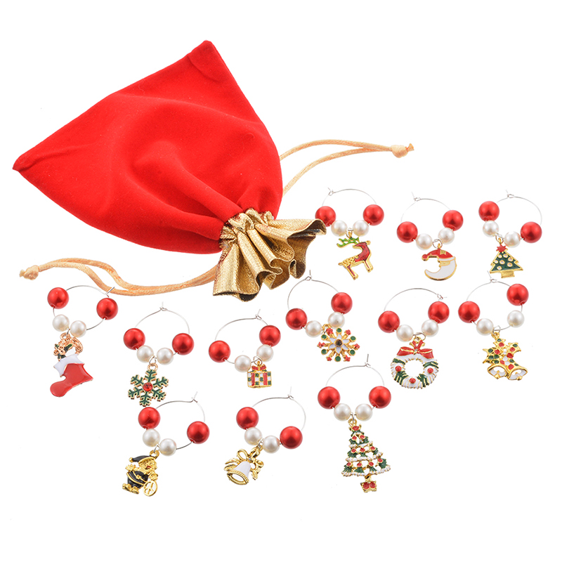 (Homemade) 12Pcs/set Christmas Party Glass Pendant Acrylic Beads Zinc Alloy Pendants Wine Glass Cup Ring Decorations Markers