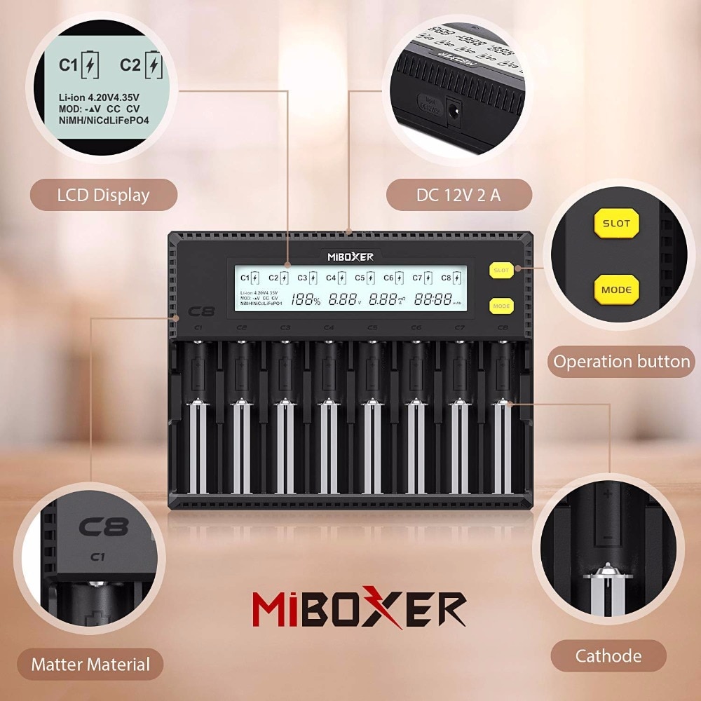 MiBOXER C8 18650 Battery Charger LCD Display 1.5A for Li-ion LiFePO4 Ni-MH Ni-Cd AA 21700 20700 26650 18350 17670 RCR123 18700