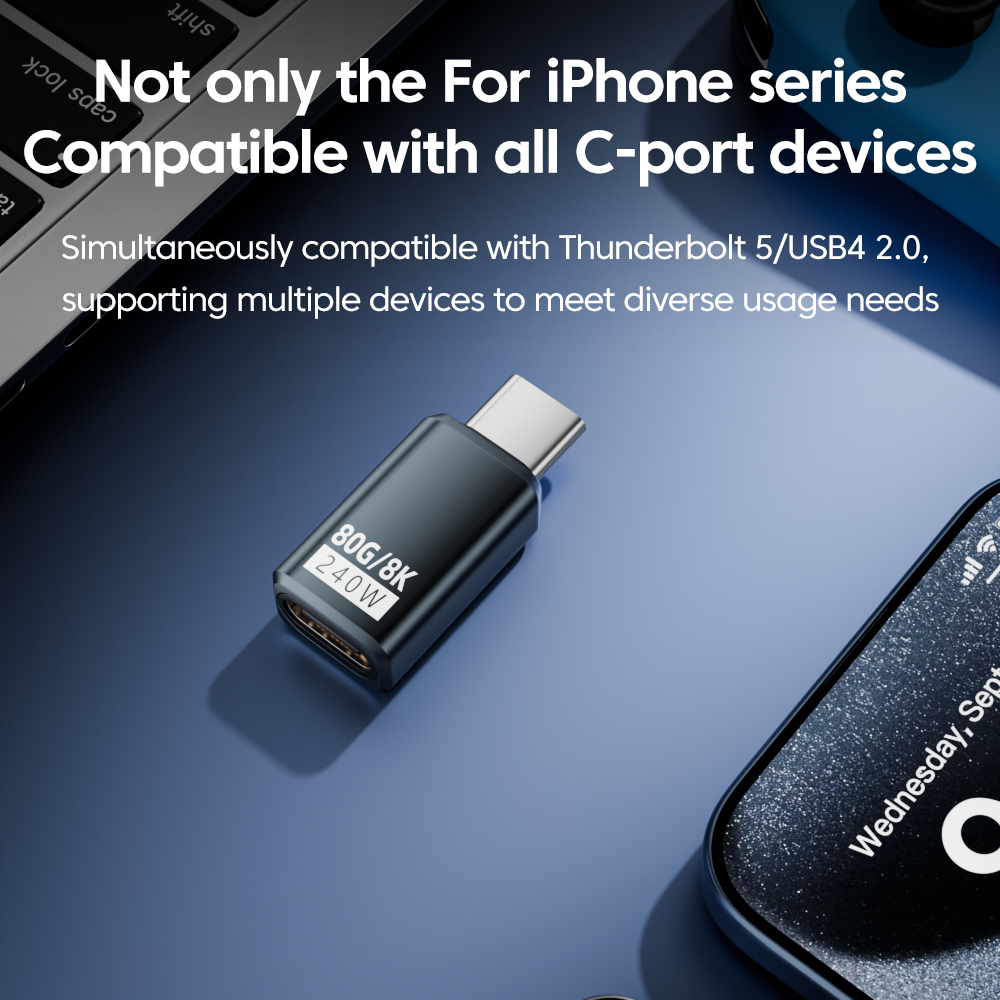 Adaptador OTG de 240W USB 3,0 tipo C a tipo C 8K 80Hz USB C carga rápida 80Gbps transferencia de vídeo de datos para iPhone 16 Macbook 90 ° Codo