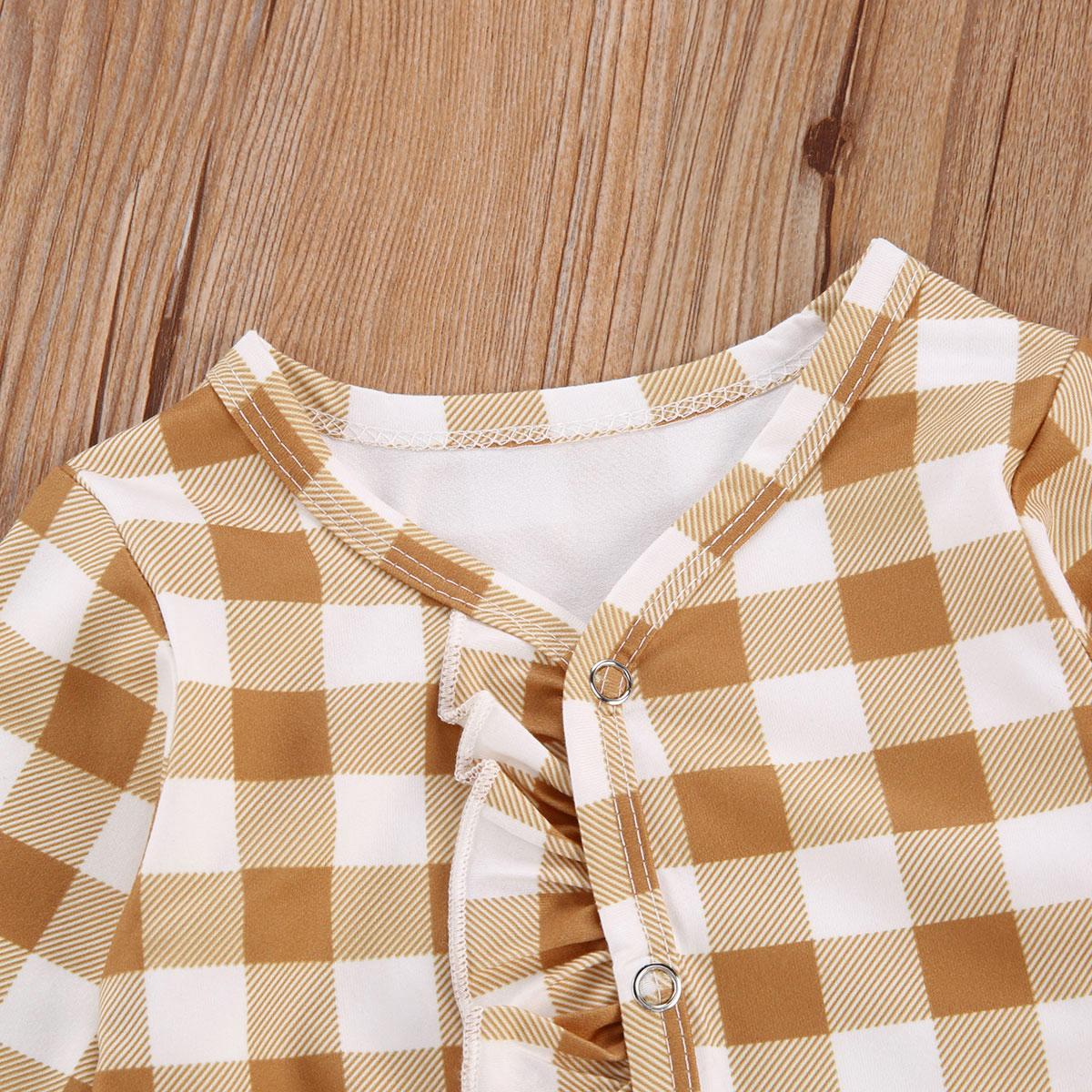 Infant Kids Baby Girls Boys Plaid Footies Long Sleeve Ruffled Jumpsuits Spring Autumn Clothing With Headband 2Pcs 0-12M