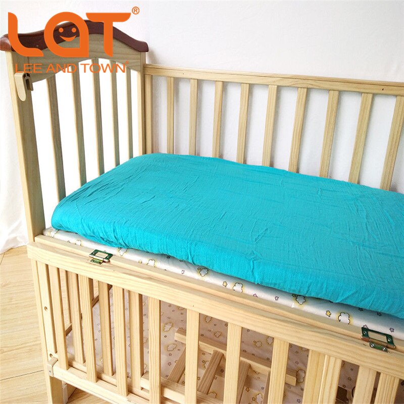 Bomuld krybbe lagen blød åndbar baby seng madras dække tegneserie nyfødt sengetøj til barneseng størrelse 130*70cm: Solid blå