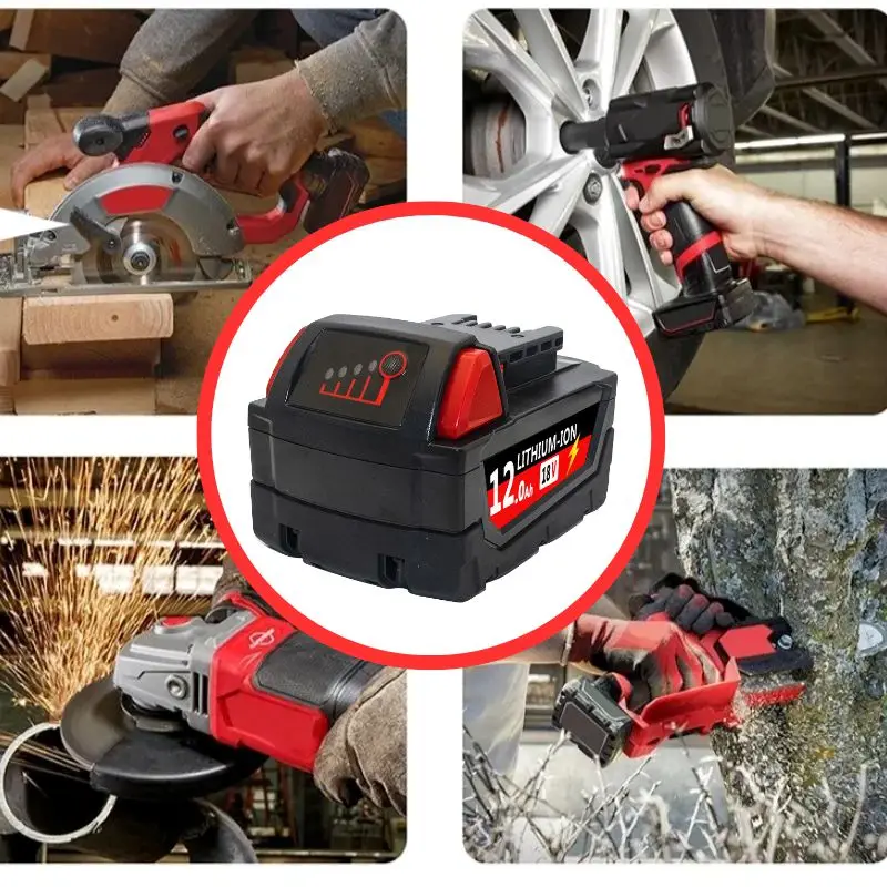 For Milwaukee M18 Power Tool Battery, Charger, BR, XC, 18V, 6000mAh/9000mAh/12000mAh M18B5, 48-11-1860, Built-in 18650 Battery