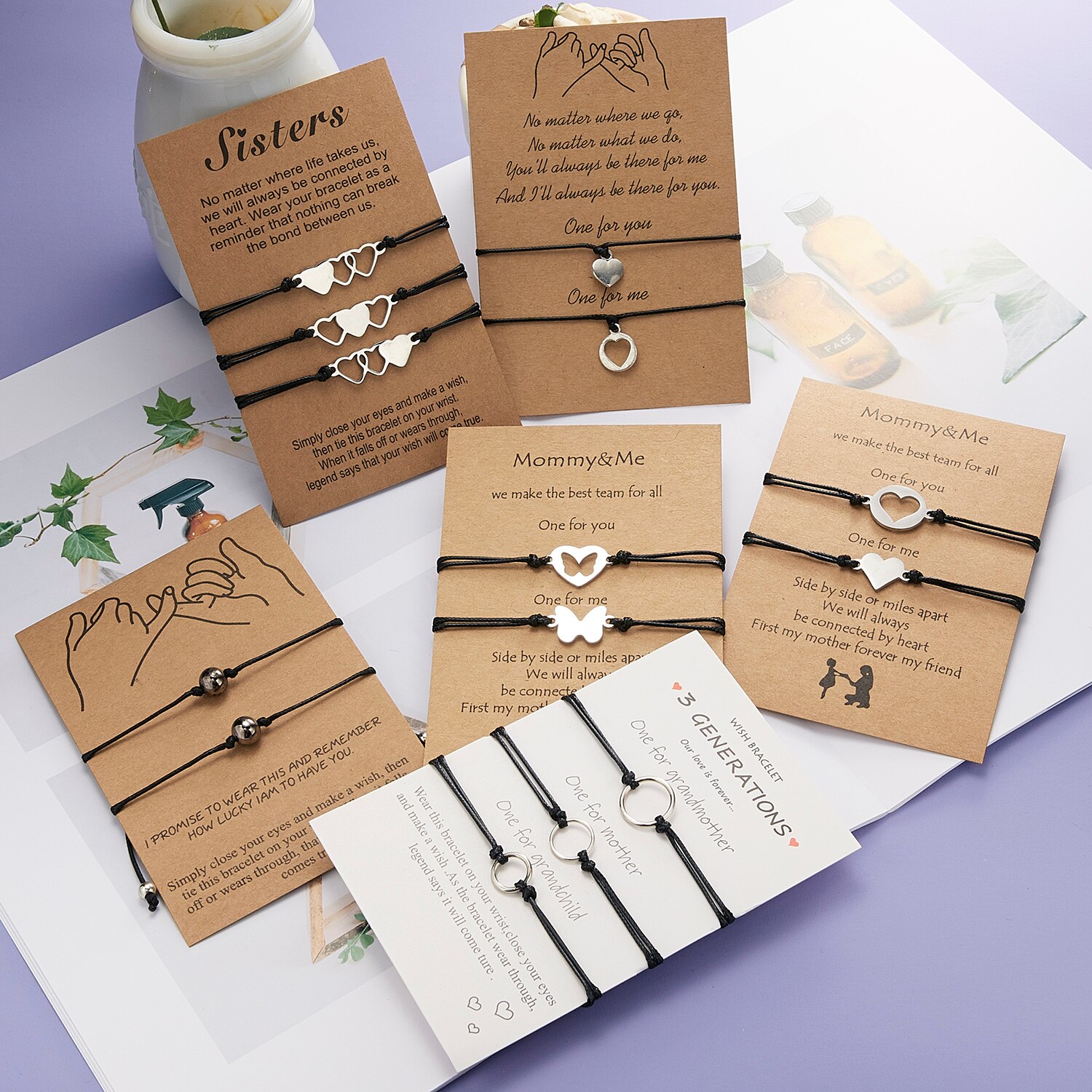 2pcs/set Heart Circle Beads Charm Bracelets For Women Girls Handmade Black Thread Bracelets Jewelry With Card Mother's Day