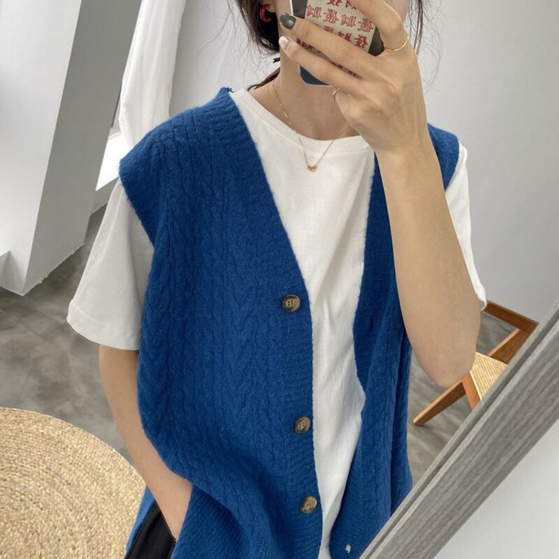 Mouwloos gebreid vest dames losse v-hals trui dames vintage kleding effen knoop winter en herfst korea