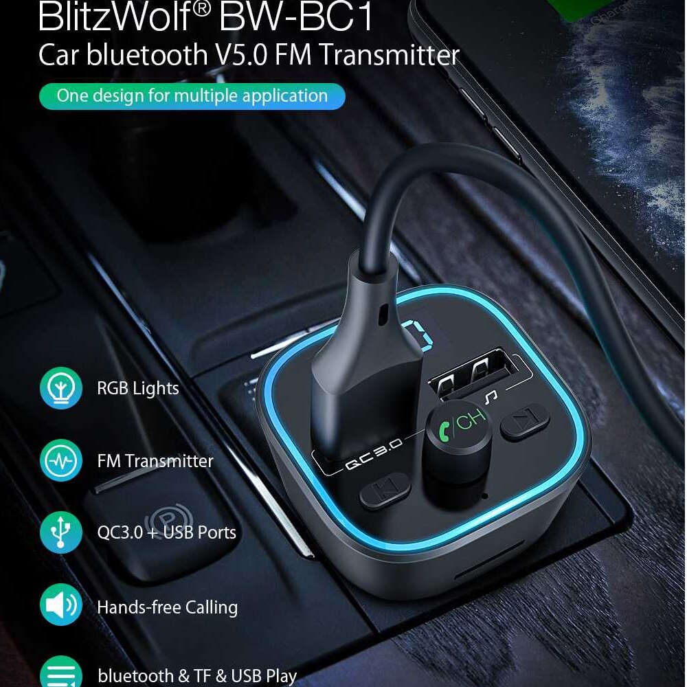 Blitzwolf BW-BC1 Auto Bluetooth 5.0 Fm-zender 18W Qc 3.0 Usb Auto Charger Rgb Digitale Display Bluetooth Audio Adapter muziek